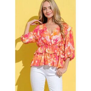 And The Why Ruffled Printed Puff Sleeve Blouse